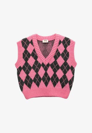 Gilet argyle rosa e nero con scollatura a V e maniche corte, caratterizzato da bordi a coste e un motivo in maglia testurizzata.