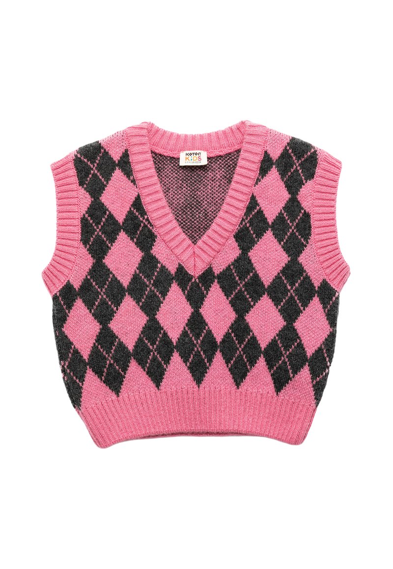 Roze en zwarte argyle gilet met een v-hals en korte mouwen, voorzien van ribgebreide randen en een gestructureerd breipatroon.