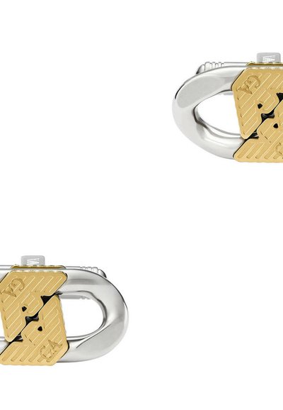 Metallhänglås med en glänsande silverkropp och en gyllene triangulär topp. Har ett texturerat mönster och ett nyckelhål i mitten.