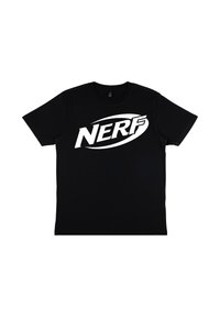 Czarna bawełniana koszulka z dużym białym logo "NERF" z przodu, okrągły dekolt, krótkie rękawy i standardowy krój.