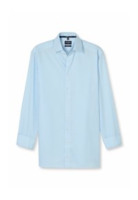 Helleblaue, gestreifte Langarmbluse mit Button-Down-Kragen, weißen Knöpfen und einem leicht strukturierten Stoff. Die Ärmel sind hochgekrempelt.