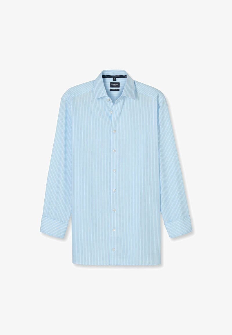 Helleblaue, gestreifte Langarmbluse mit Button-Down-Kragen, weißen Knöpfen und einem leicht strukturierten Stoff. Die Ärmel sind hochgekrempelt.