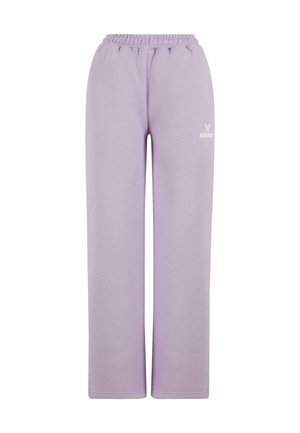 Hellblaue Sweatpants mit einem elastischen Taillenbund und Seitennähten. Mit weißem Markentext nahe der linken Hüfte. Weich im Griff.