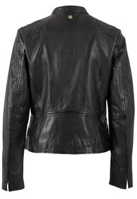 Schwarze Lederjacke mit einer taillierten Passform, strukturierten Schulterakzenten und einer glatten Oberfläche. Die Rückansicht zeigt Nähte und einen leichten Schimmer.
