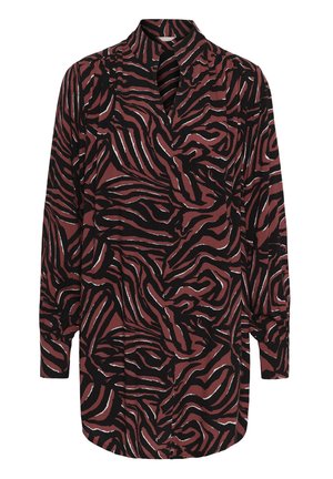 Blouse à manches longues en imprimé zèbre noir, bordeaux et blanc. Présente un col fendu, un tissu doux et une coupe décontractée.