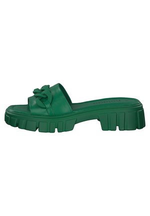 Grøn slidesandal med kraftig sål og kædedetalje på remmen, set fra siden.