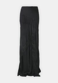 Jupe maxi noire en tissu léger et soyeux, présentant des panneaux texturés et des accents transparents dans des motifs variés. Fini lisse sur l'ensemble.