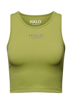 Oliven grøn crop top lavet af strækbart materiale, med rund hals, uden ærmer, og "HALO" logoet trykt i grå.