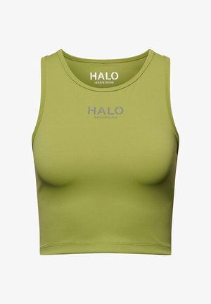Oliwkowy crop top wykonany z elastycznego materiału, z okrągłym dekoltem, bez rękawów i nadrukowanym szarym logo "HALO".
