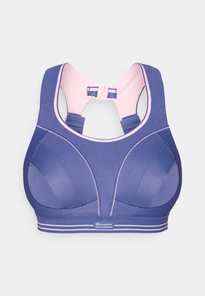 Sportowy biustonosz w ciemnym kolorze niebieskim z różowymi akcentami; posiada formowane miseczki, teksturowaną tkaninę, regulowane ramiączka oraz zapięcie na haftkę z tyłu.