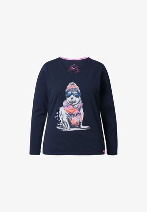 T-shirt à manches longues bleu marine avec un graphique coloré d'un chien portant des lunettes de soleil et un bonnet d'hiver, en coton doux et à col rond.