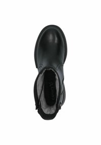 Botas de cuero negras hasta el tobillo con un acabado suave, punta redondeada, forro de piel gris y detalle de cremallera lateral para ponerse y quitarse fácilmente.
