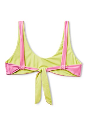Zelený bikiny top s růžovými akcenty a zavazováním vzadu. Hladká látka s kulatým výstřihem a širokými ramínky.