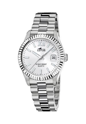 Silver Lotus wristwatch with metal band, white dial, Roman numeral XII, date display at 3 o'clock, and water resistance up to 10 bar.