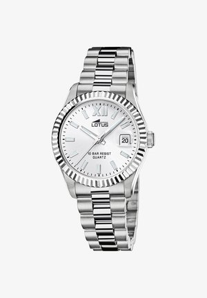 Montre-bracelet Silver Lotus argentée avec bracelet métallique, cadran blanc, chiffre romain XII, affichage de la date à 3 heures et résistance à l'eau jusqu'à 10 bars.