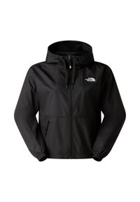 Czarna wodoodporna kurtka z zamkiem z przodu, regulowanym kapturem i elastycznymi mankietami. Na lewej piersi logo oraz dwie boczne kieszenie.