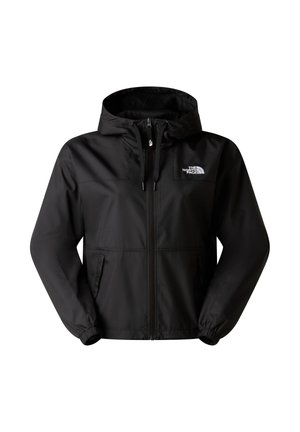 Sort vandtæt jakke med lynlås foran, justerbar hætte og elastiske manchetter. Har logo på venstre bryst og to sidelommer.