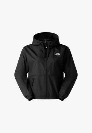 Giacca impermeabile nera con zip frontale, cappuccio regolabile e polsini elastici. Presenta il logo sul petto sinistro e due tasche laterali.