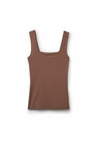Top marrón sin mangas con escote cuadrado y tejido suave y elástico. Presenta costuras limpias y un diseño ajustado.
