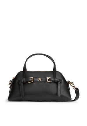 Schwarze Lederhandtasche mit doppelten Griffen, goldenen Schnallen, einem Reißverschluss und einem kleinen Logoemblem vorne in der Mitte.