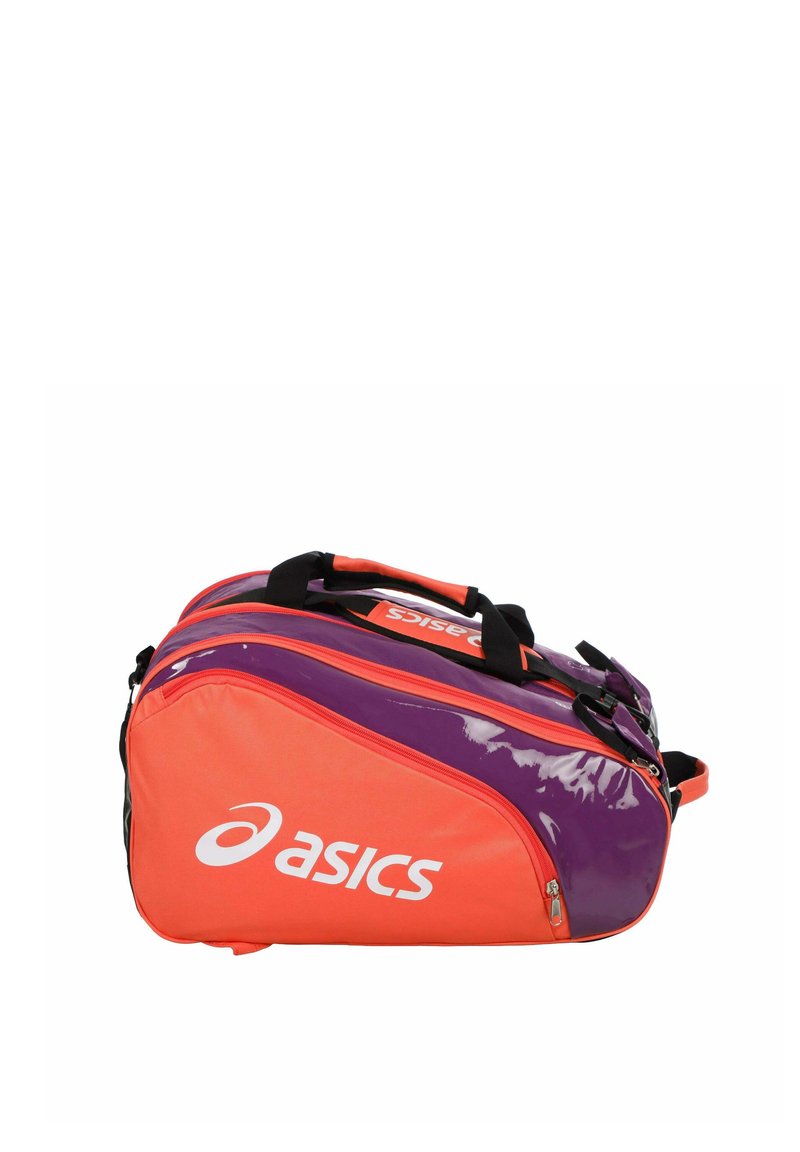 Orange and purple Asics sports duffel bag with zippered compartments and black handles, shown against a white background.