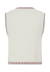 Valge varrukateta kootud vest tekstuurse mustriga ning punaste triipudega servadel krae, käeavade ja ääre juures.