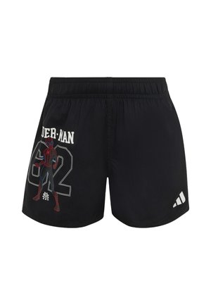 Czarne szorty z elastycznym pasem, z czerwono-niebieską grafiką Spider-Mana, numerem 62 oraz małym białym logo Adidas na prawej nodze.