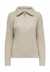 Pull en tricot beige avec un col zippé mi-hauteur, présentant un décolleté en V dégagé, des accents côtelés sur les épaules et les manches, et une finition texturée.