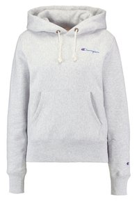 Hellgrauer Hoodie aus Baumwollmischung. Mit einer Kängurutasche, gerippten Bündchen und Kordelzügen. Champion-Logo auf der Brust.