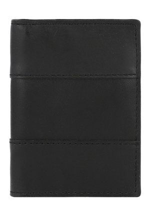 Zwartleren portemonnee met een gladde textuur, horizontale stiksels en kaartsleuven. Compact rechthoekig van vorm, minimalistisch ontwerp.