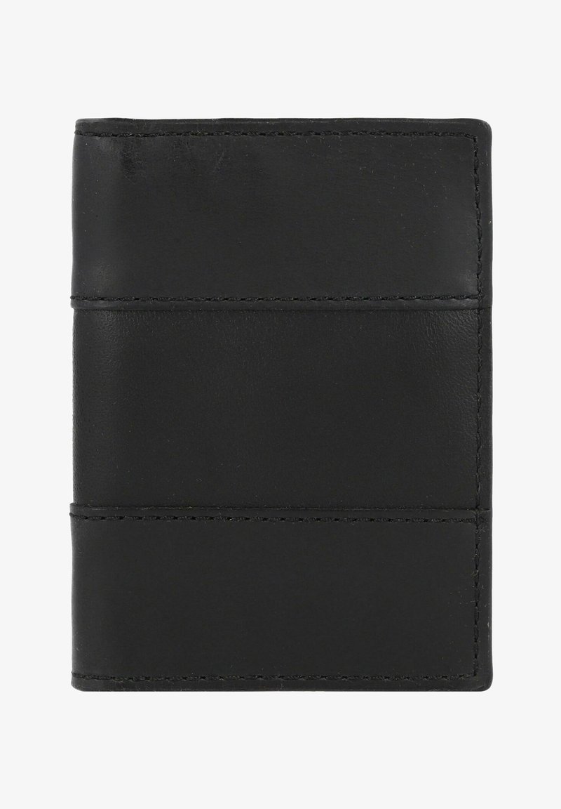 Zwartleren portemonnee met een gladde textuur, horizontale stiksels en kaartsleuven. Compact rechthoekig van vorm, minimalistisch ontwerp.