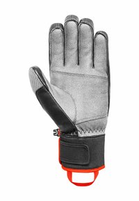 Graue Handschuhe mit schwarzen Akzenten, strukturierte Oberfläche, verstärkte Finger, gepolsterte Handfläche, verstellbarer Bund und roter Riemen für einen sicheren Sitz.