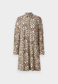 Abito a stampa leopardata con colletto, maniche lunghe e chiusura a bottoni; realizzato in tessuto leggero, presenta una miscela di tonalità beige, marrone e nera.
