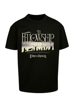 Tricou negru din bumbac cu un design grafic ce include textul "The Fellowship" și siluete, legat de seria "Stăpânul inelelor".