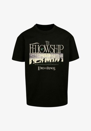 Tricou negru din bumbac cu un design grafic ce include textul "The Fellowship" și siluete, legat de seria "Stăpânul inelelor".