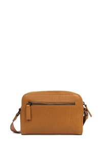 Borsa a tracolla in pelle marrone dalla forma rettangolare, con tasca frontale con zip, tracolla regolabile e superficie liscia.