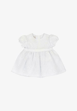 Robe blanche avec des manches courtes bouffantes, broderies florales, corsage ajusté et jupe évasée, dotée d'une ceinture en satin et d'un col rond.