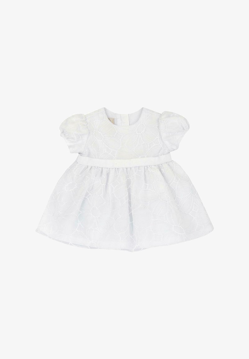 Weißes Kleid mit kurzen Puffärmeln, floralem Stickerei, tailliertem Oberteil und schwingendem Rock, ausgestattet mit einem Satinbund und einem runden Ausschnitt.