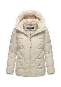 Veste doudoune beige avec capuche, dotée de motifs matelassés, d'une fermeture éclair sur le devant et de poches latérales. Fabriquée en matériau doux et isolant.