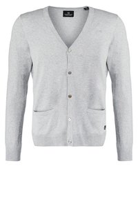 Cárdigan gris claro con escote en V, cierre de botones y dos bolsillos frontales. Hecho de material suave con puños y dobladillo acanalados.