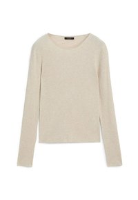 Beige long-sleeve sweater in a ribbed texture. Features a round neckline and side slits near the hem. Soft, lightweight knit material.