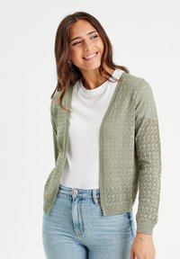 Hellgrüne Strickjacke mit einem Spitzenmuster, offener Vorderseite und langen Ärmeln. Kombiniert mit einem weißen T-Shirt und Jeans.