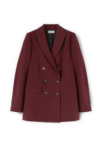 Dubbelzijdig bordeaux blazer van gestructureerde stof, met twee voorkezen en zilveren knopen op de manchetten. Inclusief klepjes op de revers.