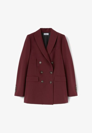 Sacou bordo cu două rânduri de nasturi, realizat dintr-un material texturat, având două buzunare frontale și nasturi argintii la manșete. Include rever cu margini îndoite.