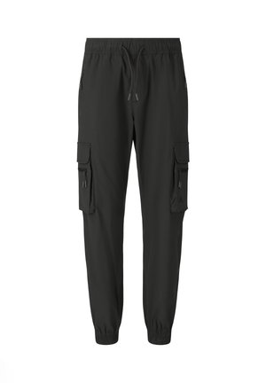 Pantalon cargo noir avec poignets élastiques, taille à cordon de serrage, poches à rabat latérales et compartiments zippés sur chaque jambe, présenté sur fond blanc.