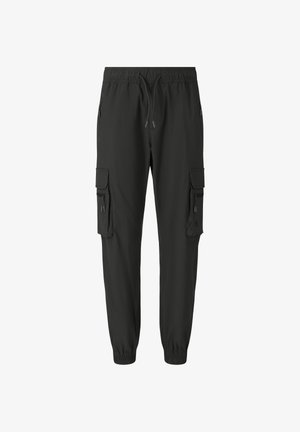 Pantalon cargo noir avec poignets élastiques, taille à cordon de serrage, poches à rabat latérales et compartiments zippés sur chaque jambe, présenté sur fond blanc.