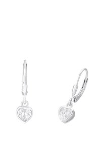 Orecchini a forma di cuore in argento con gemme trasparenti, dotati di chiusura a leva e finitura lucida. La luce che si riflette sulle gemme aggiunge brillantezza.