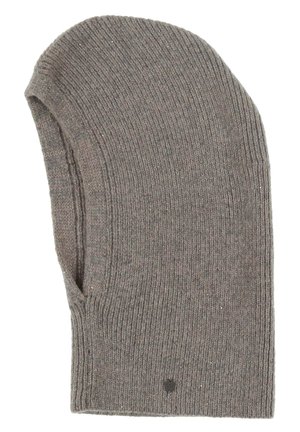 Cagoule grise tricotée avec une texture côtelée et une ouverture pour le visage, adaptée pour les temps froids.
