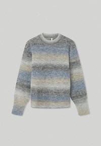 Gebreide trui met een verlooppatroon in grijs, blauw en beige. Ronde halslijn, lange mouwen en geribde zoom en manchetten.