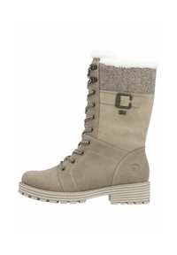 Beige knielange laars van suede en vilt, met een bontvoering, vetersluiting aan de voorkant en een gestructureerde rubberen zool. Geaccentueerd met een metalen gesp.